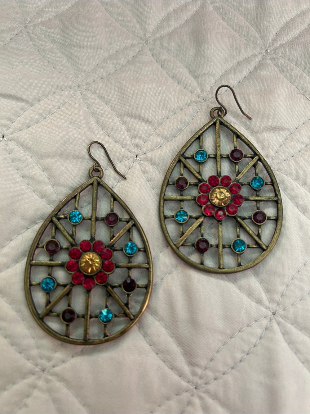 Antique Brass Teardrop Crystal Dangle Earrings in Fuchsia & Teal